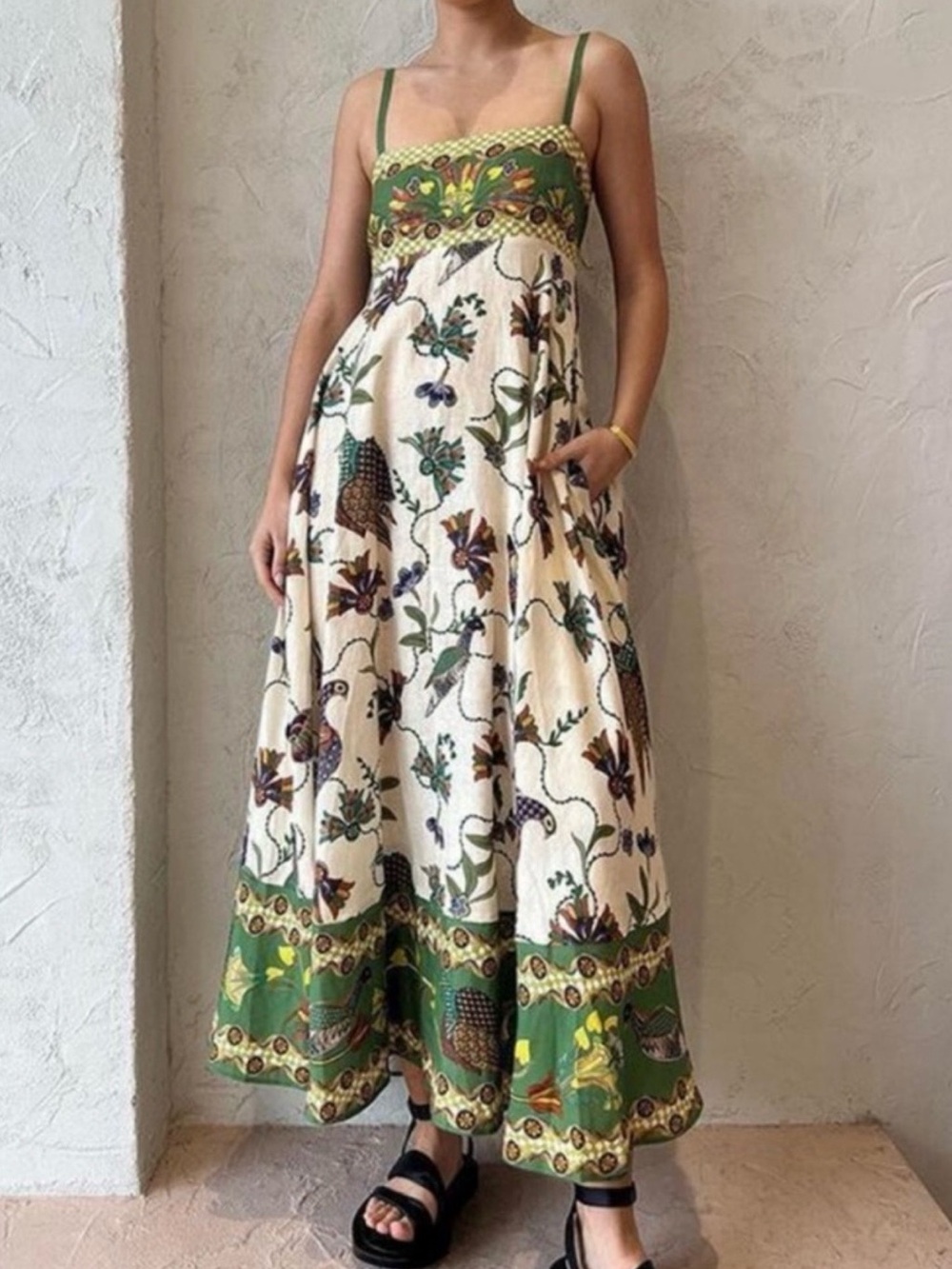 NWT Caroline Constas Cream Floral Maxi Dress with Green and Yellow Accents, S.